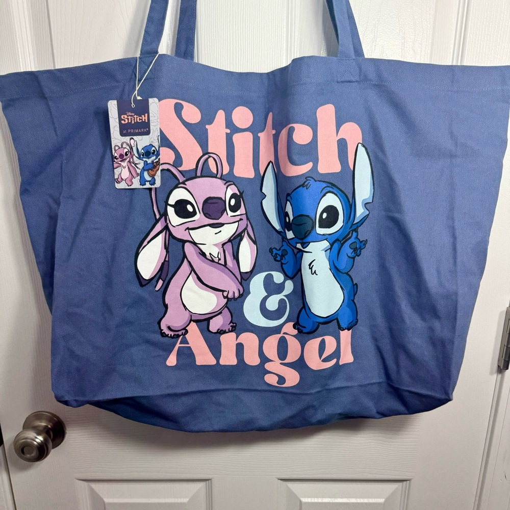 NWT. Disney Primark Stitch & Angel Tote Bag canvas shopping bag. Large blue bag